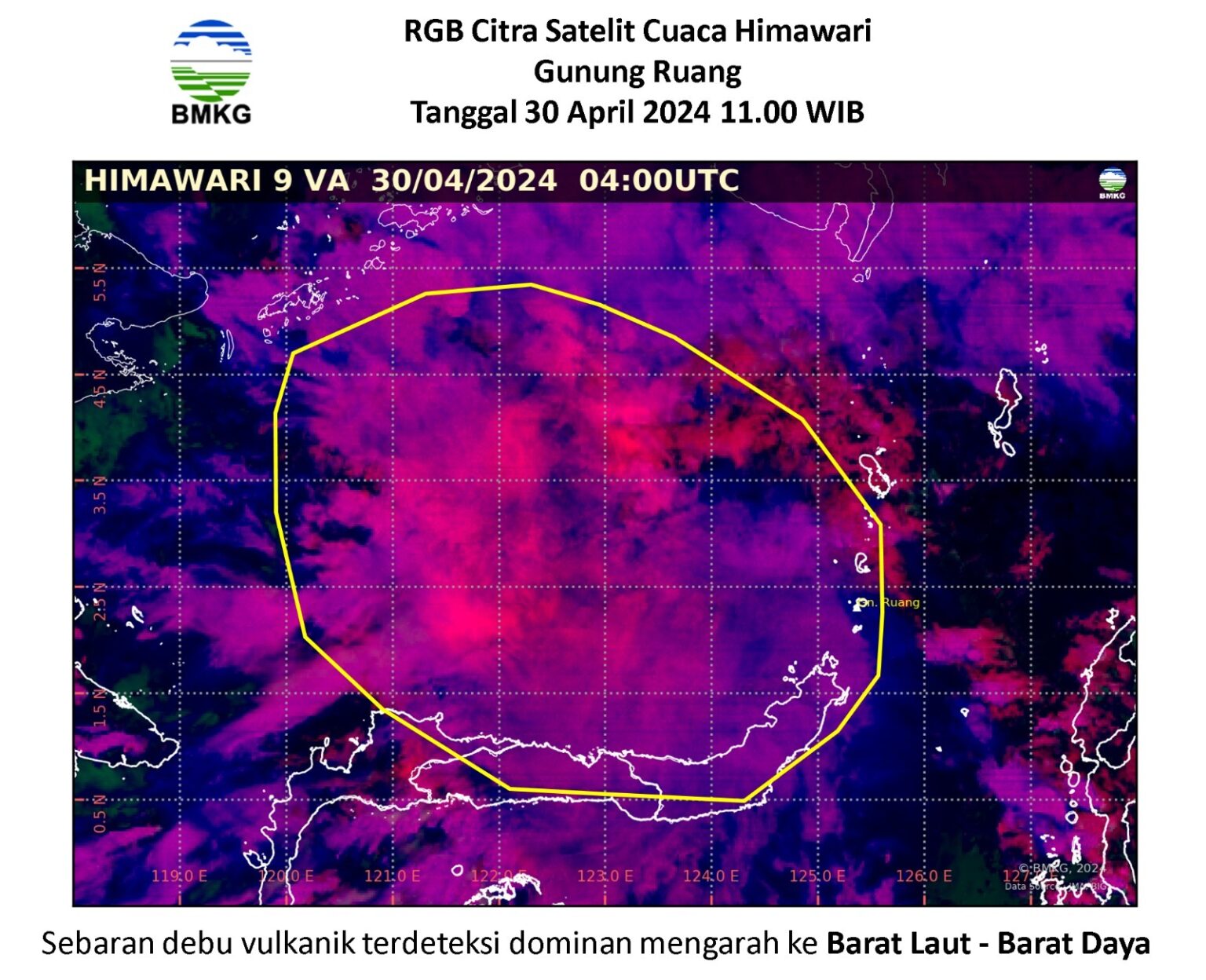 Sebaran abu vulkanik terdeteksi dominan mengraha ke Barat Laut-Barat Daya, (Foto: BMKG).