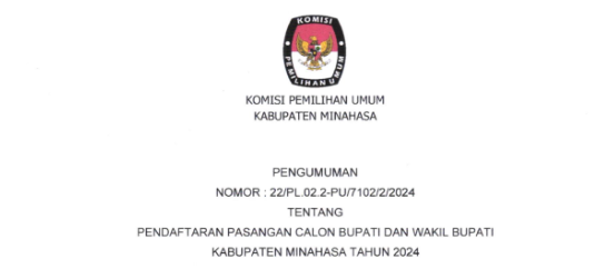 Pengunguman Pendaftaran Pasangan Calon Bupati dan Wakil Bupati Kabupaten Minahasa Tahun 2024, (Foto: Tangkapan layar dari website resmi KPU Minahasa).