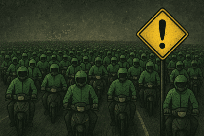 Jaket hijau dan rambu kuning, tanda bahaya telah menyala