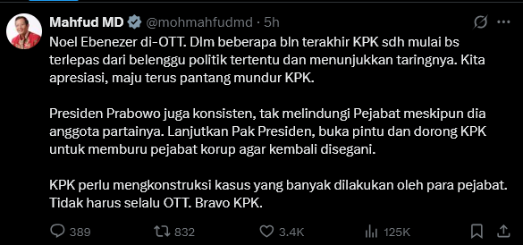 Mahfud MD puji Presiden Prabowo yang tidak bela Wamenaker saat kena OTT KPK