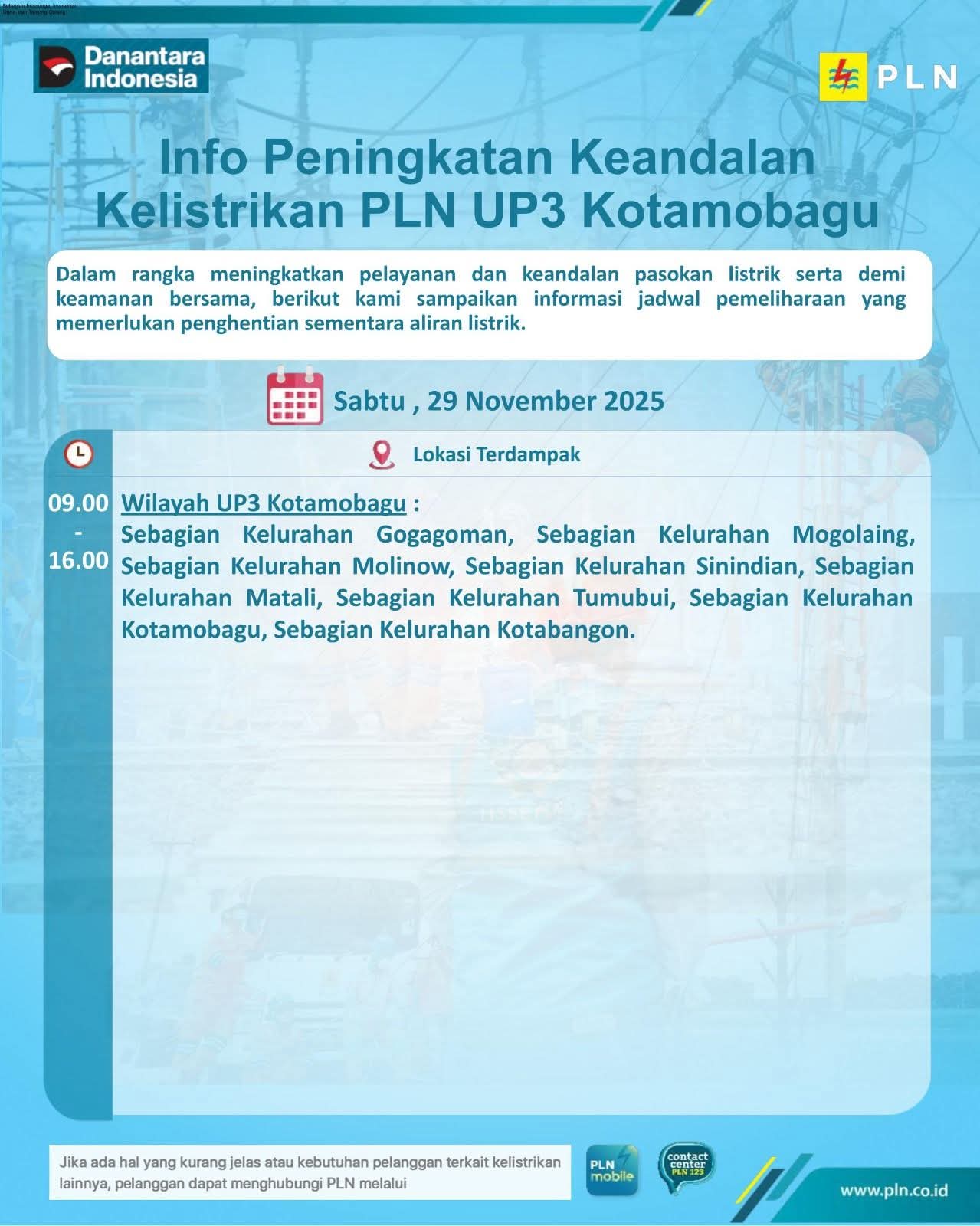 Listrik sejumlah kelurahan terdampak sementara, PLN UP3 Kotamobagu lakukan pemeliharaan jaringan