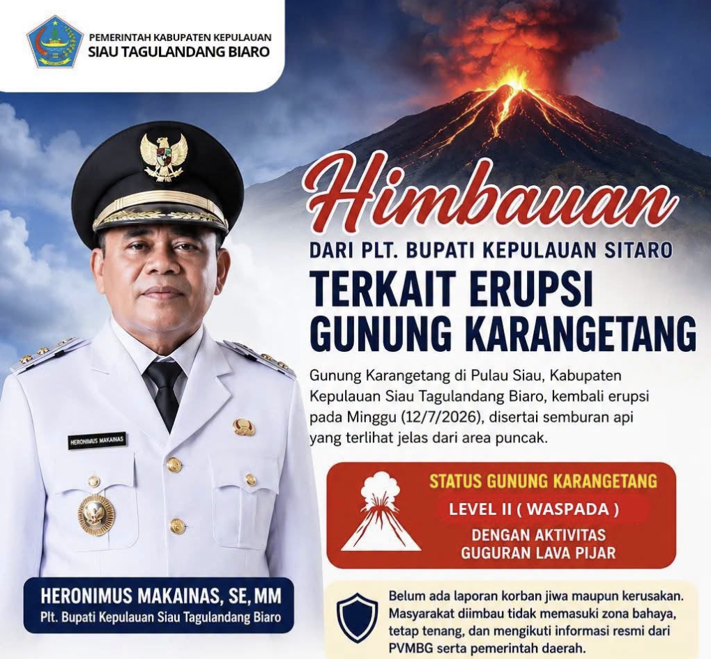 Plt Bupati Sitaro Imbau Warga Tetap Waspada Usai Erupsi Gunung Karangetang